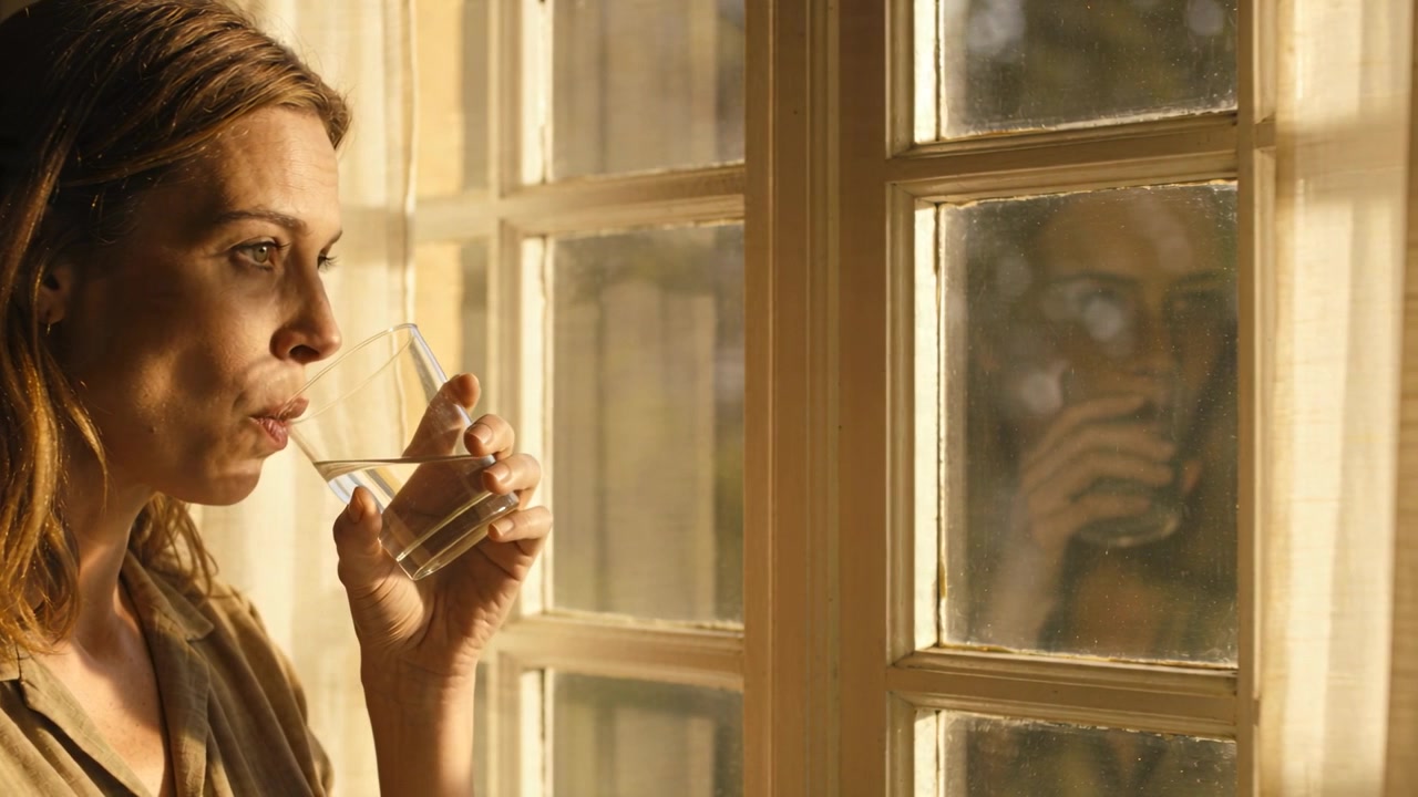 Donna in top che alza un bicchiere, sorseggia, contempla il riflesso del sole alla finestra, con spazio per il testo.