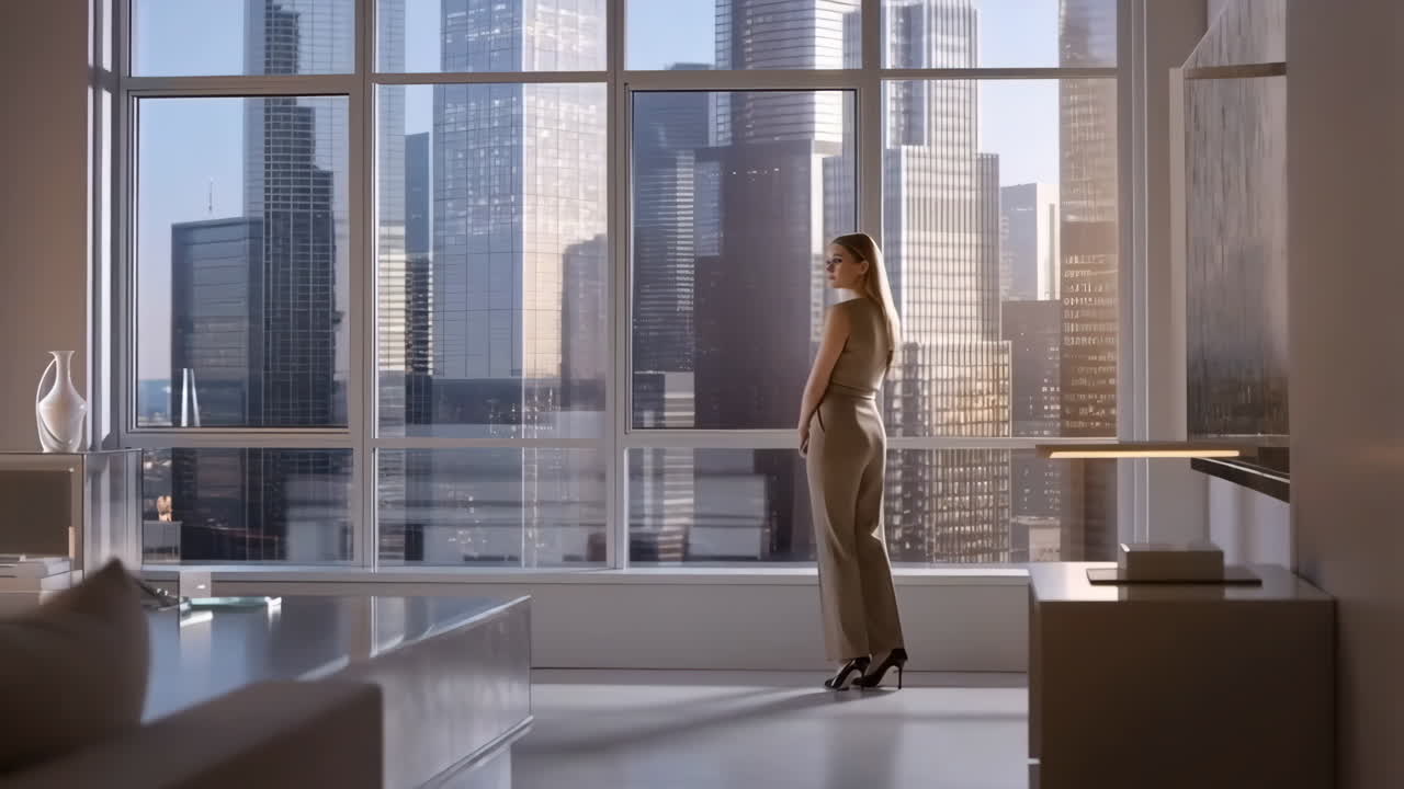 Woman looking out over a city skyline from a modern high-rise apartment