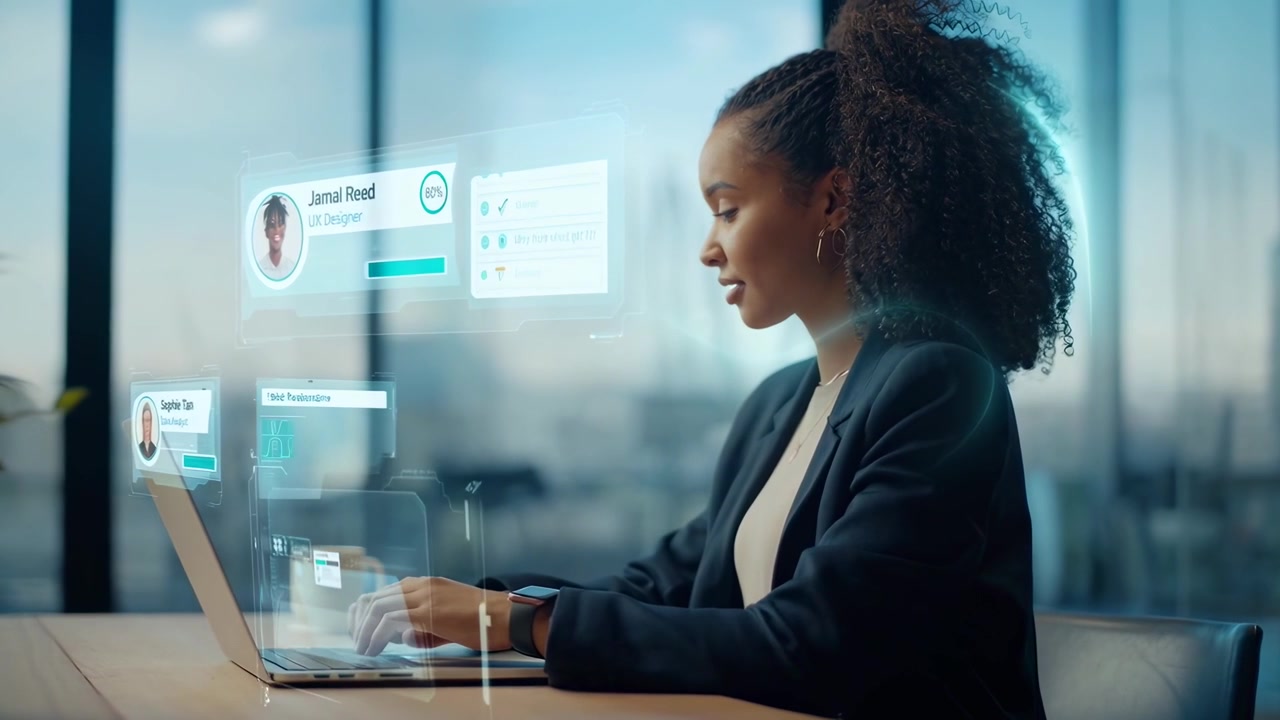 Young Woman Working on Laptop with Holographic Interface in Modern Office