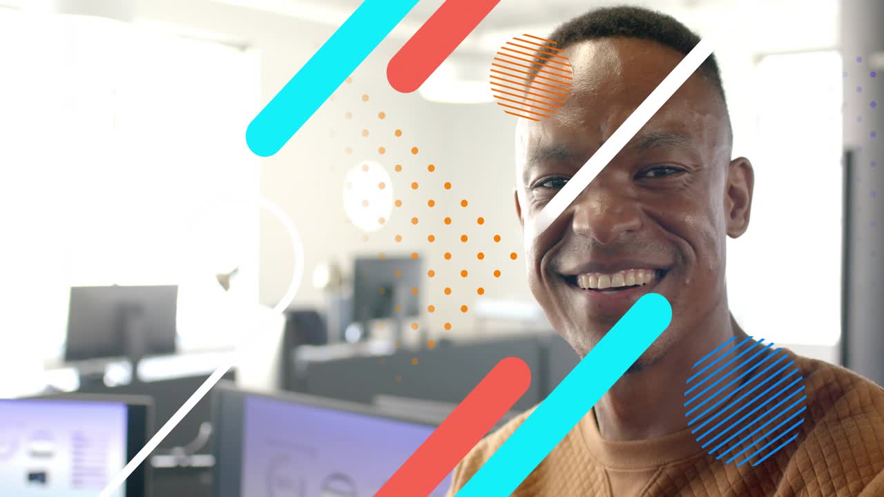 Office pro turning and smiling as animated bars and circles sweeping onscreen, engaging viewer