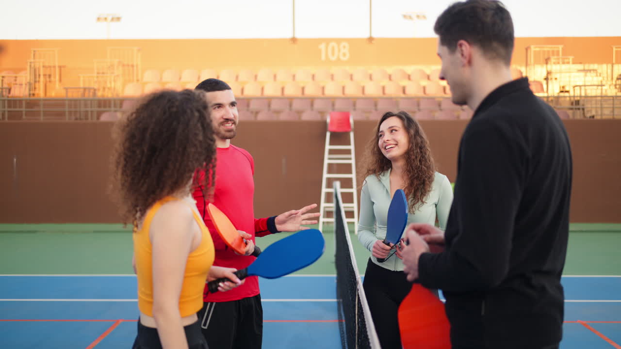 Due uomini e due donne che tengono in mano delle racchette da pickleball, parlano e sorridono con una rete tra di loro su un campo da gioco. Gruppo di amici