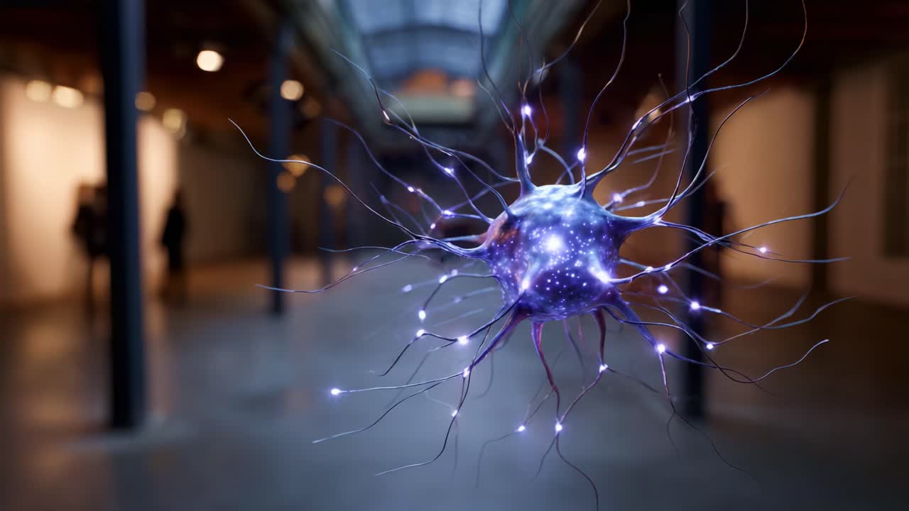 A Stunning Visualization of a Neuron with Glowing Connections in a Modern Art Gallery Setting, Capturing a Unique Perspective on Neural Networks