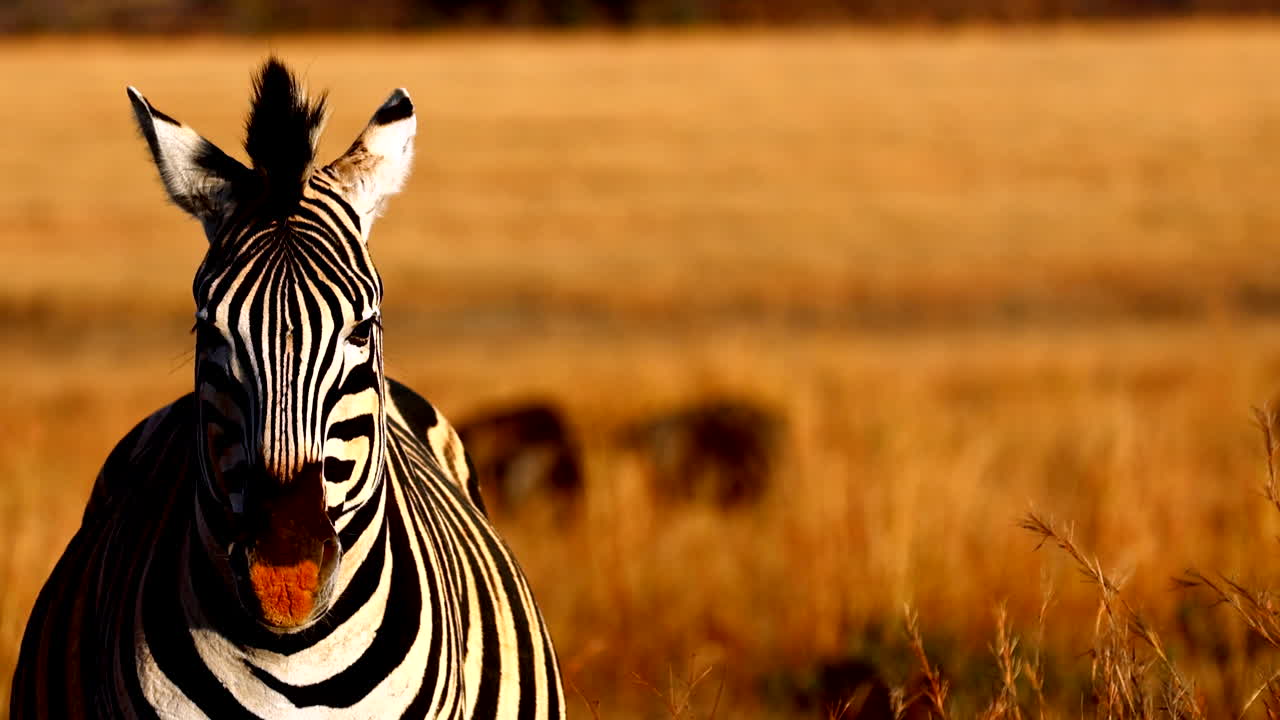 Zebra's muzzle covered in red dusty soil as it stares straight forward, thirds