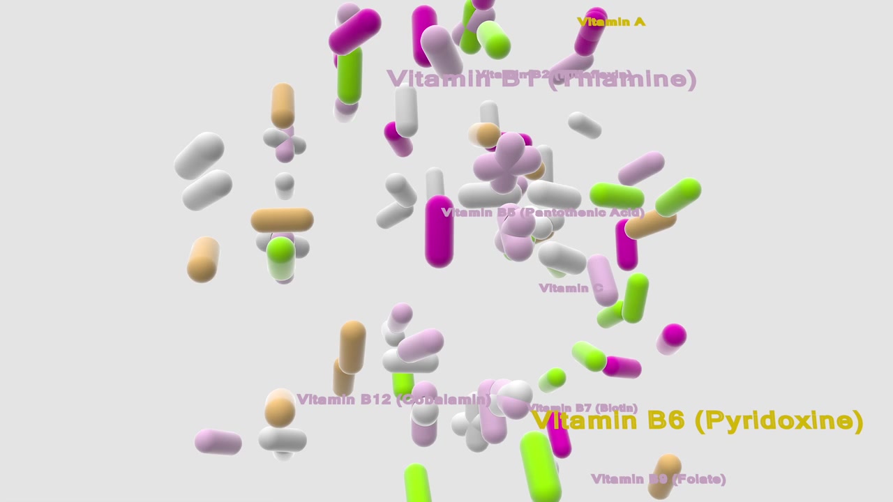 An informational healthcare graphic displaying floating supplement pills alongside kinetic tracking text for vitamins A, B, C, and essential nutrients.