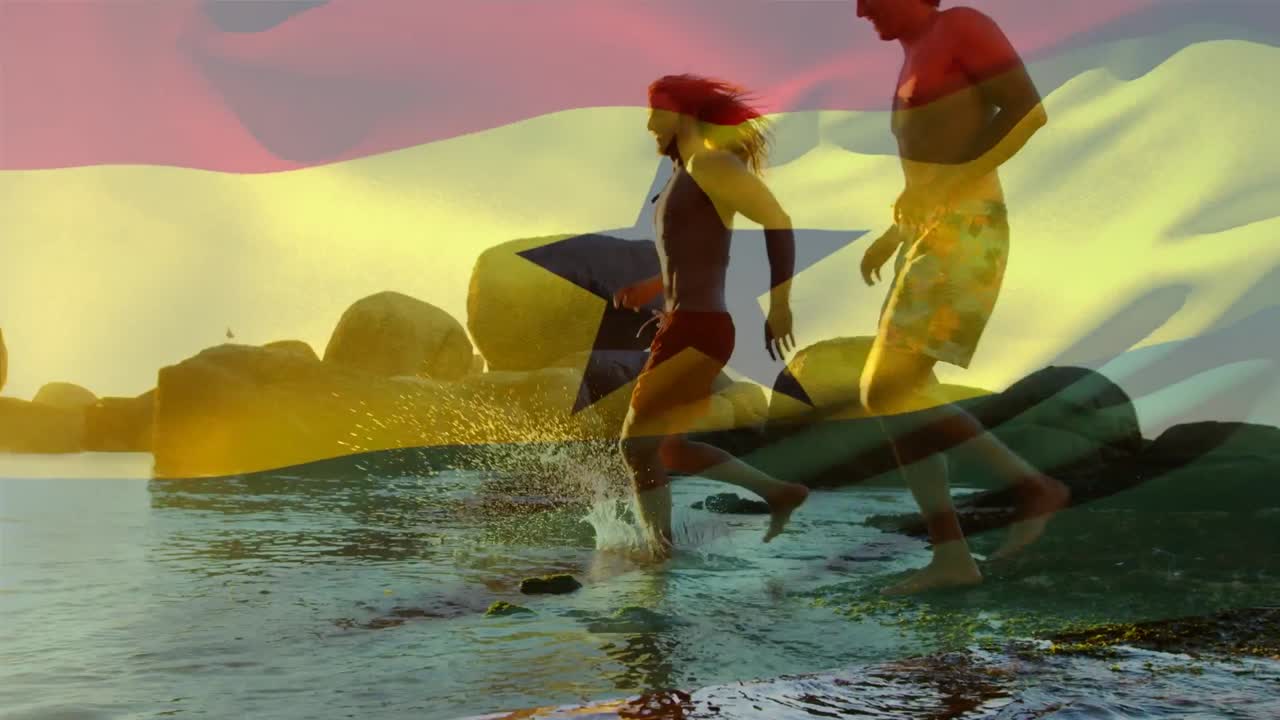 animación de la bandera de ghana sobre un grupo diverso de amigos en la playa