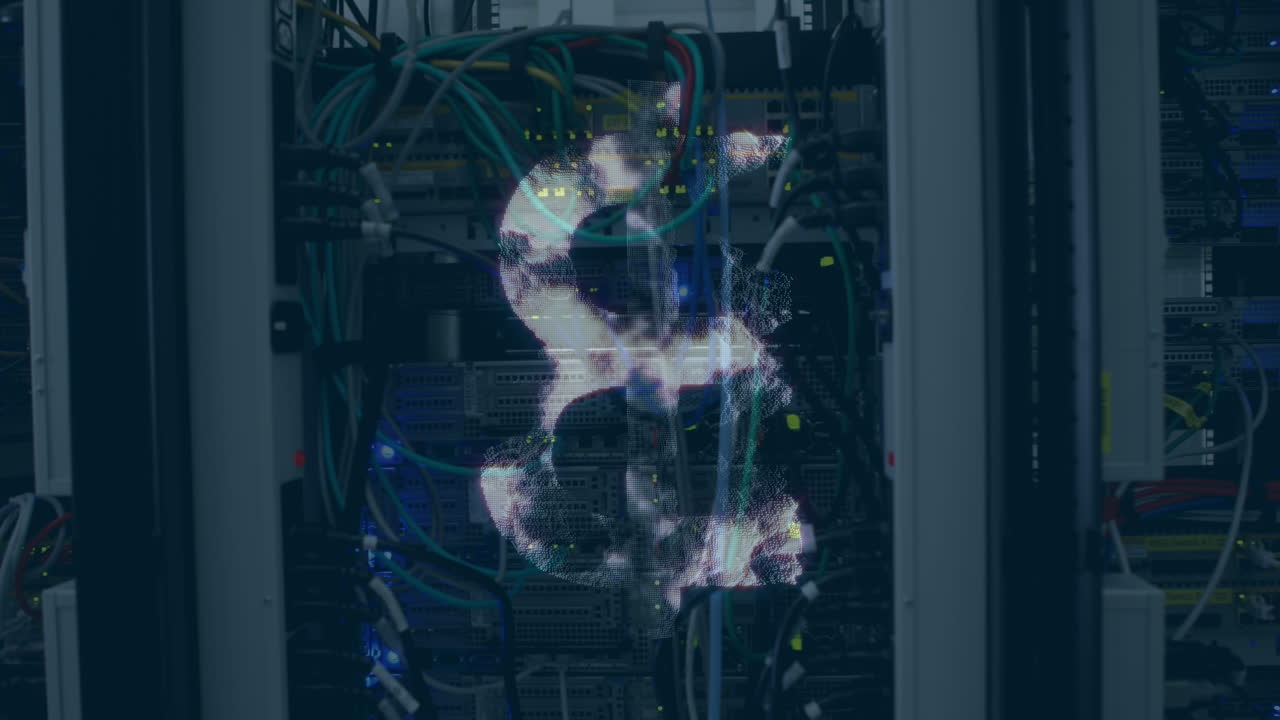Animation des Bitcoin-Symbols über einem Serverraum