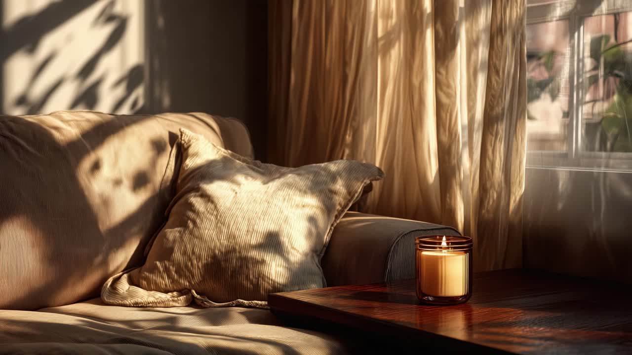 Uma cena aconchegante de sala de estar com sombras suaves, luz quente de velas e tecidos texturizados, criando uma atmosfera tranquila ao anoitecer.