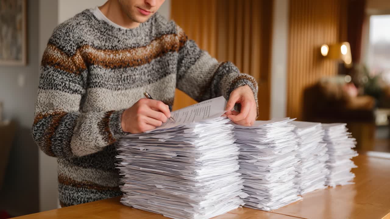 A Young Man Concentrates on Signing Important Documents from a Large Stack of Papers in a Well-Lit Room, Illustrating Diligence and Attention to Detail