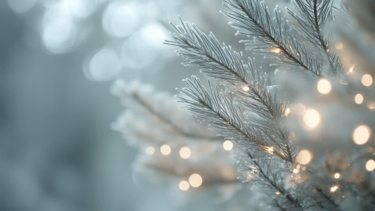 Close-up video angle of frosted pine branches with soft bokeh lights, evoking winter magic