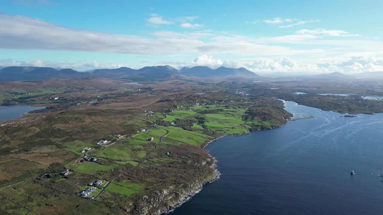 Drone Shot Over Lake, Fields And Mountains In Municipal District Of Conamara, Ireland