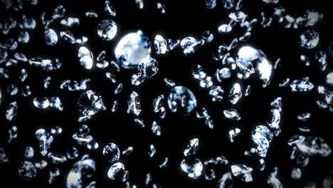 flying many jewelry diamonds on black background. shine transparent, precious gem. 3d animation of brilliant diamonds rotating. loop animation.