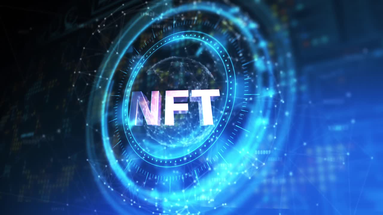 animación del círculo de procesamiento con nft giratorio sobre el espacio digital azul y negro