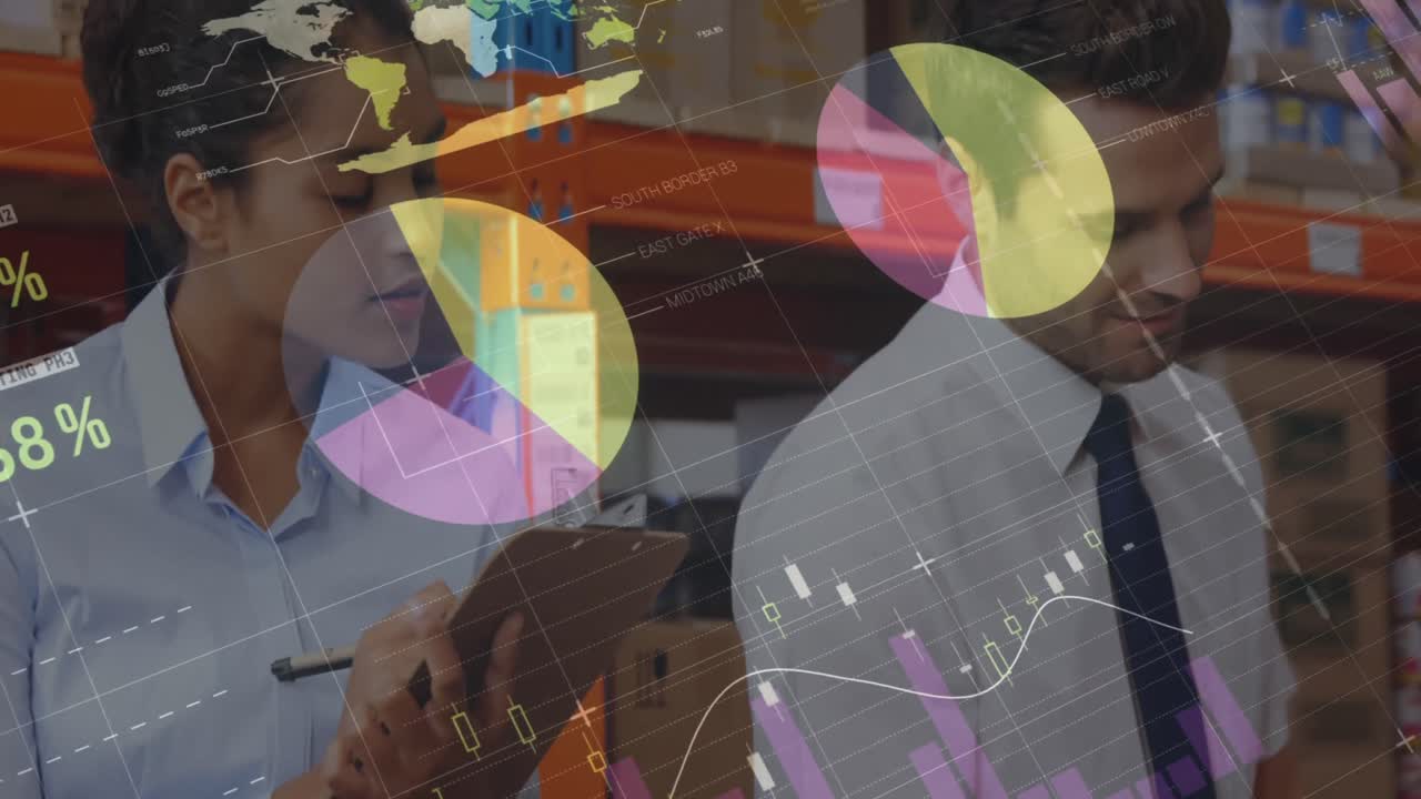 Statistical data processing against diverse male and female supervisor checking stock at warehouse