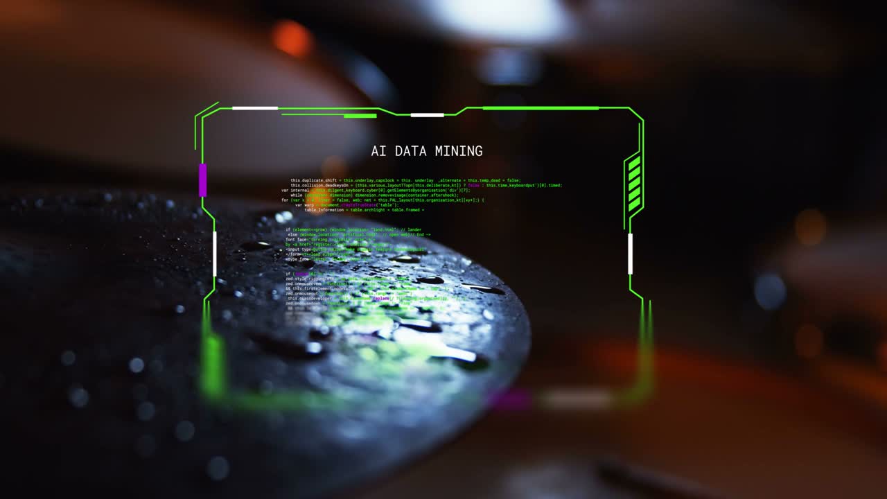Curved metal utensil head receiving green AI DATA MINING HUD, code scrolling and revealing droplets