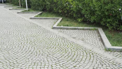 paved road with grass and stone details