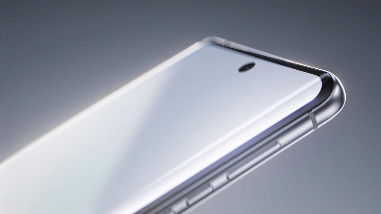 Câmera em movimento mostrando telefone branco em estúdio, com câmera em furo, vidro curvo, borda de metal e botões.