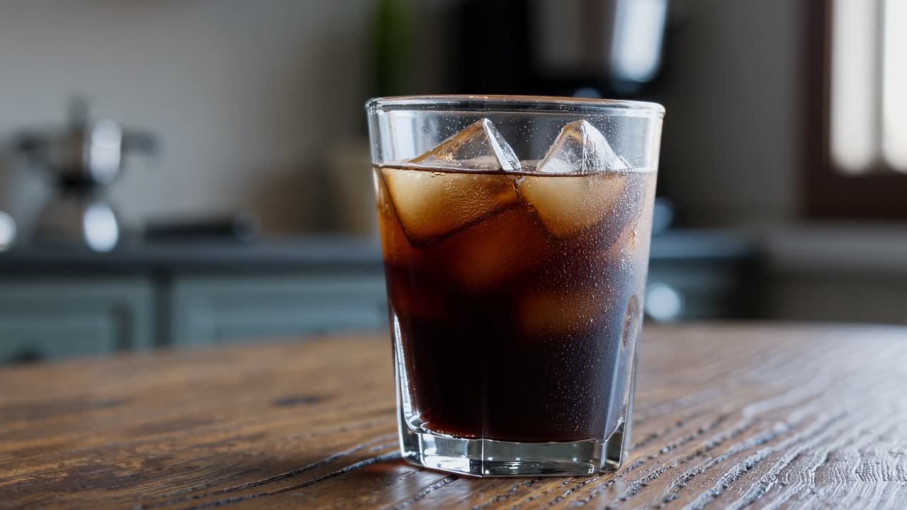 Ripresa video ravvicinata di un bicchiere di caffè freddo su un tavolo di legno rustico, che ne cattura la freschezza.