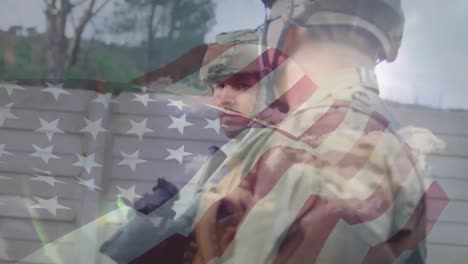 Animation-of-flag-of-usa-over-diverse-soldiers