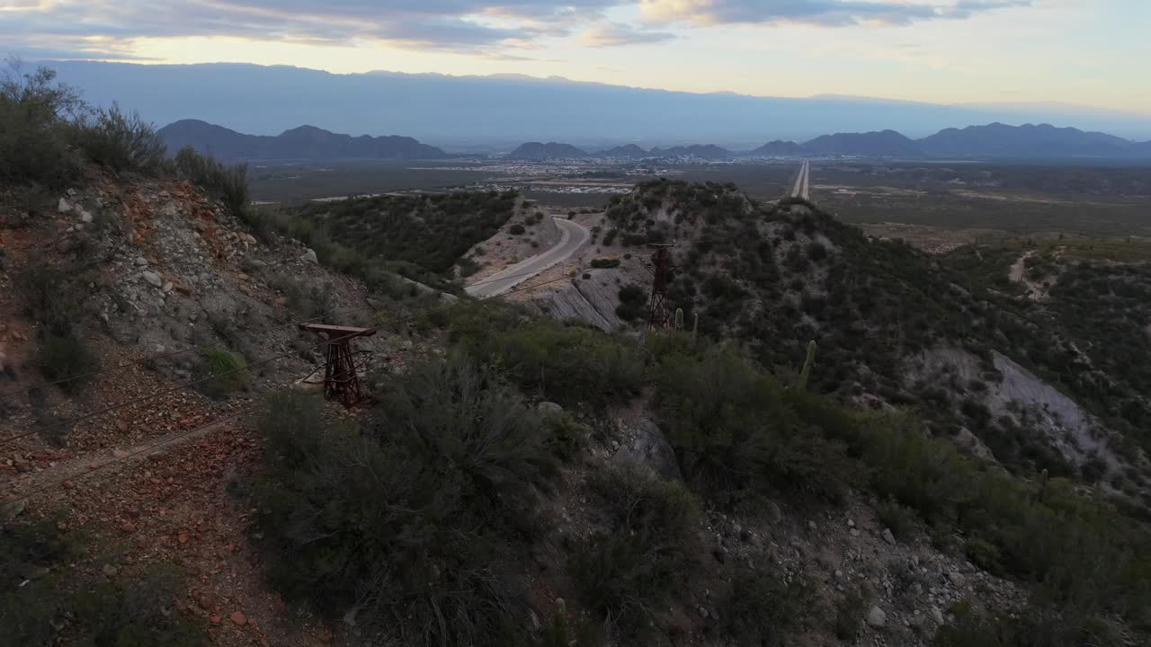 Cable Carril’s old mining lines and ruins cut through hills near Chilecito, La Rioja, Argentina