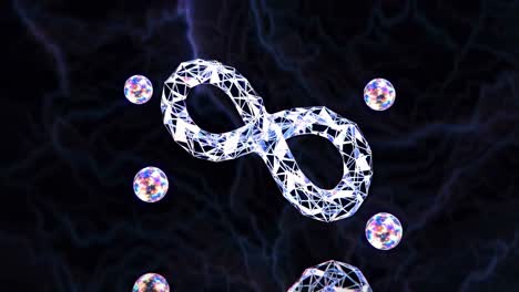 Polygonal infinity symbol with surrounding energy spheres floating in a dark, ethereal space, creating a mesmerizing and futuristic scene representing infinite possibilities and cosmic energy