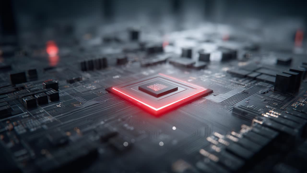 Exploring the Heart of Technology: A Close-Up on a Futuristic Microprocessor Surrounded by a Detailed Circuit Board, Illuminated by an Enigmatic Red Glow