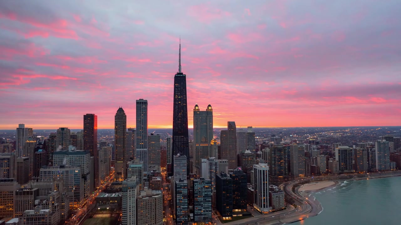 Timelapse aéreo do horizonte de Chicago ao pôr do sol