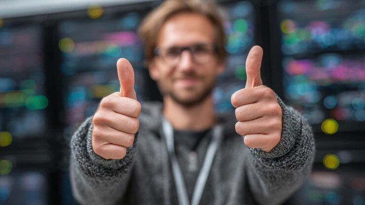 A Cheerful Person Giving Thumbs Up in a High-Tech Environment, Signifying Approval and Enthusiasm for Technology and Innovation