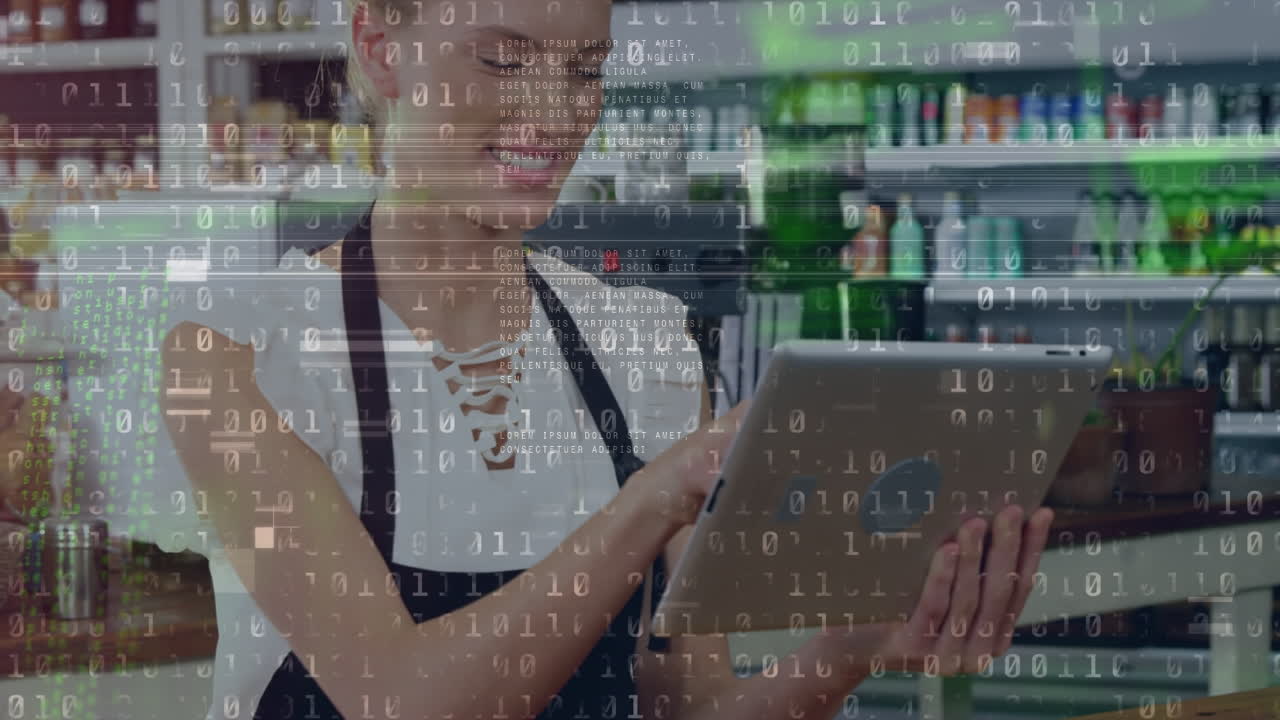 animación del procesamiento de datos sobre una asistente de tienda caucásica