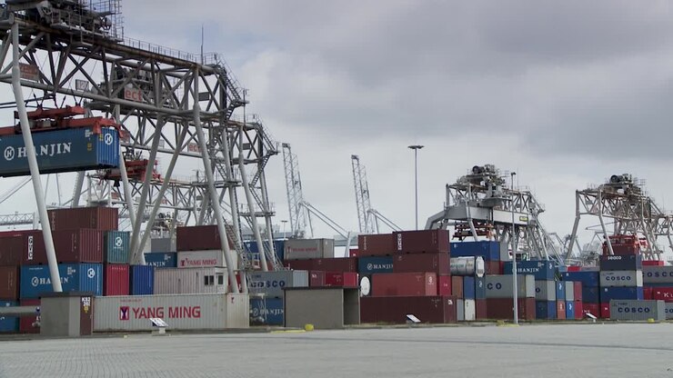 Broad view of a bustling shipping terminal, presenting multicolored, various-sized containers, cranes, and heavy machinery against a cloudy sky, set on a concrete terrain