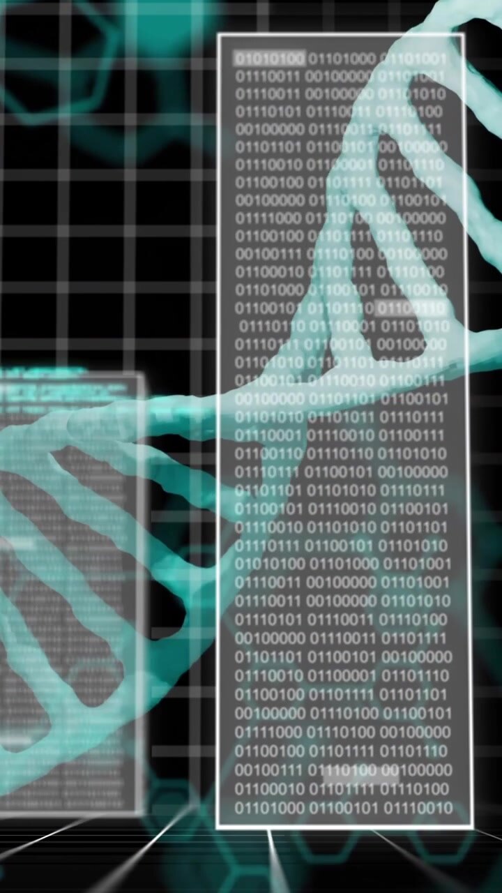 DNA strands and binary coding, scientific data processing animation
