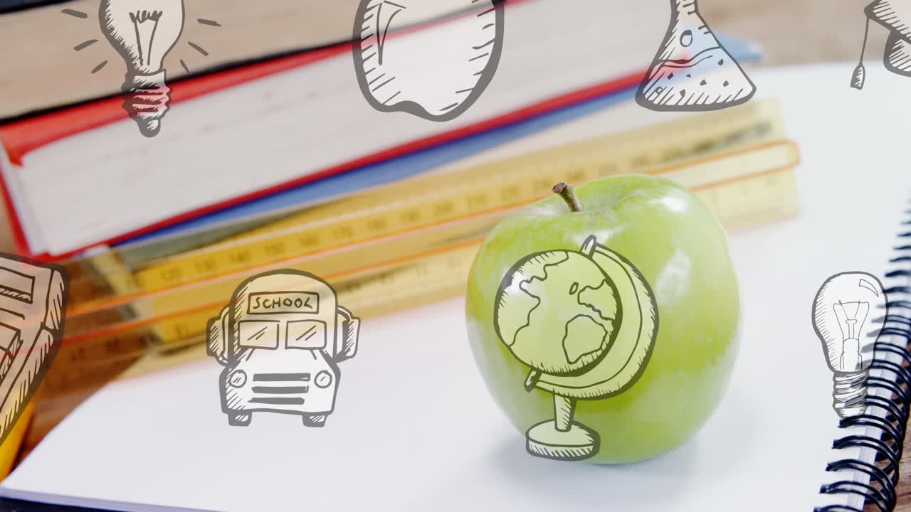 Animation of school items icons over desk with books and apple