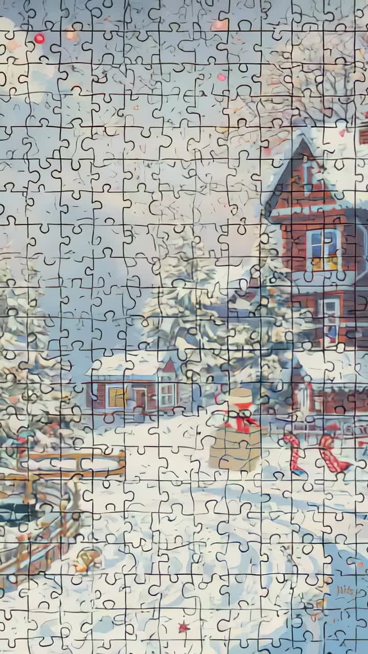 Vertical video: Fading grid, camera cropping in snowy town, revealing red house, copy space