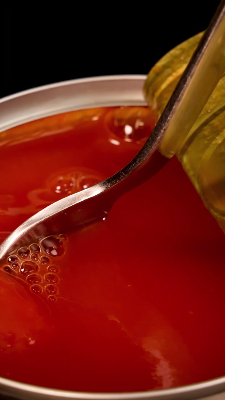 Una forchetta di metallo solleva un pomodoro pelato intero da una lattina aperta piena di succo di pomodoro, sotto un'illuminazione drammatica da studio e con una prospettiva ravvicinata