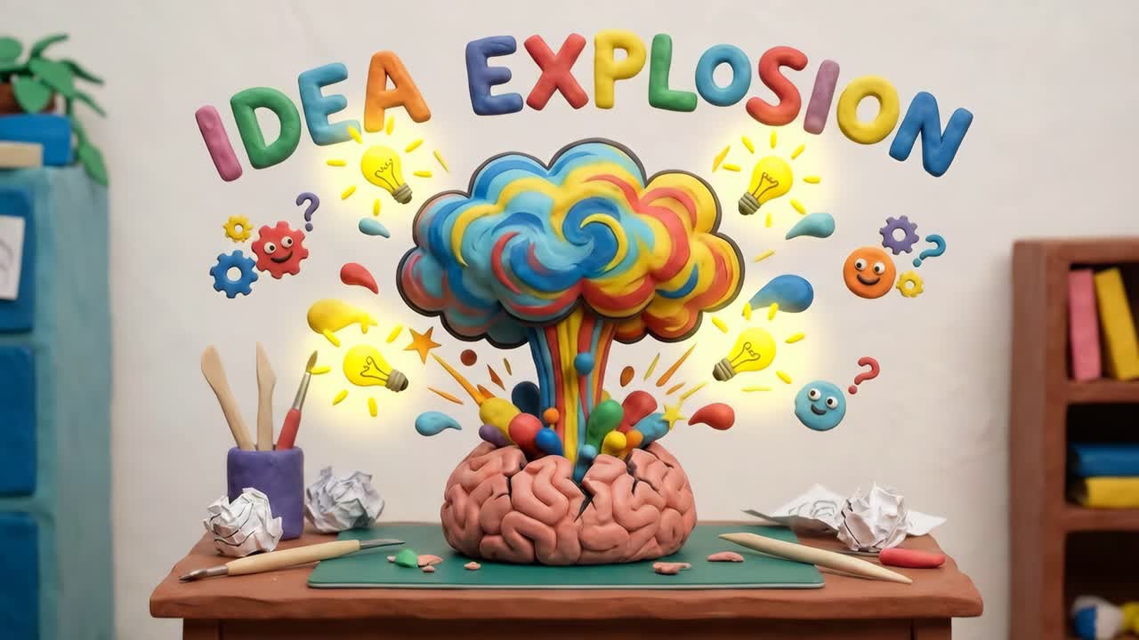 Claymation colorata di un cervello che esplode di idee