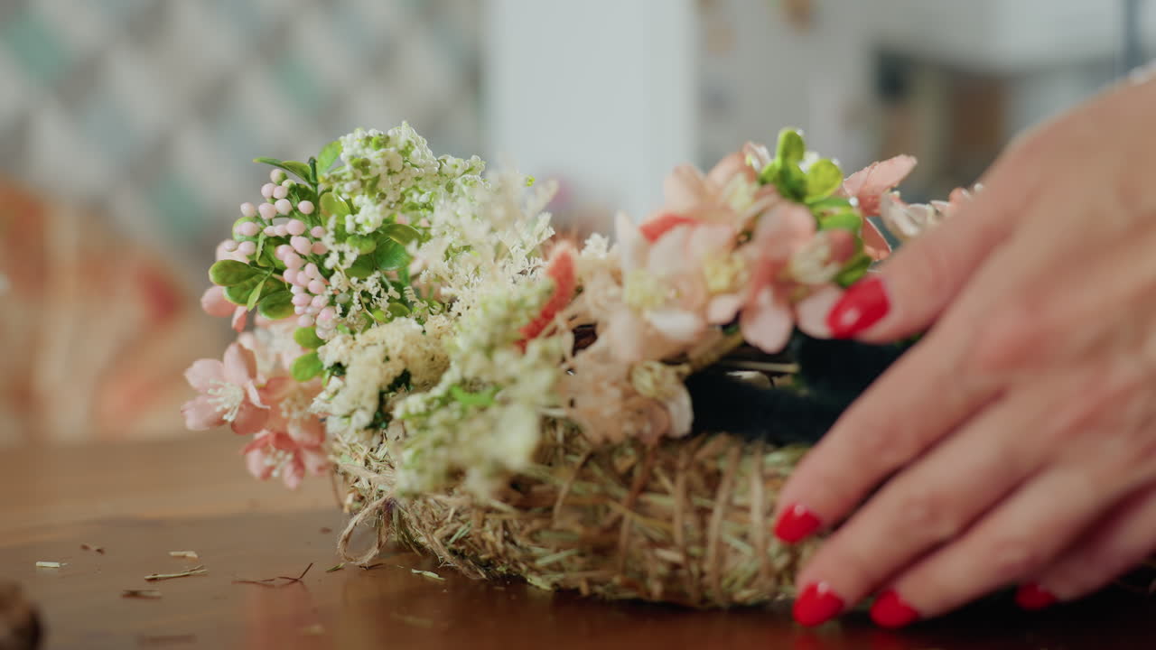 Close up florist hand arranging decorative wreath with pink blossoms, white flowers, green leaves, berries on straw base, placed on wooden table in workshop, handmade floral craft