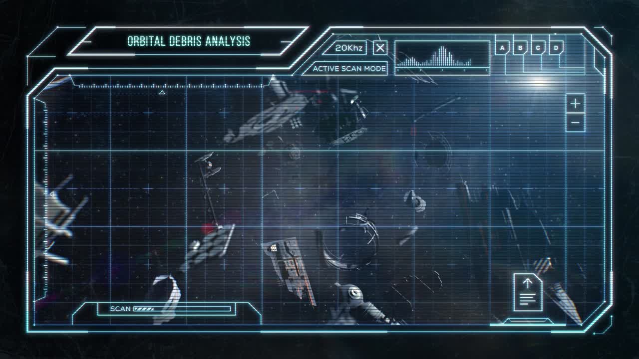 Spaceship and Satellite Debris Floating in Space - Futuristic Computer HUD