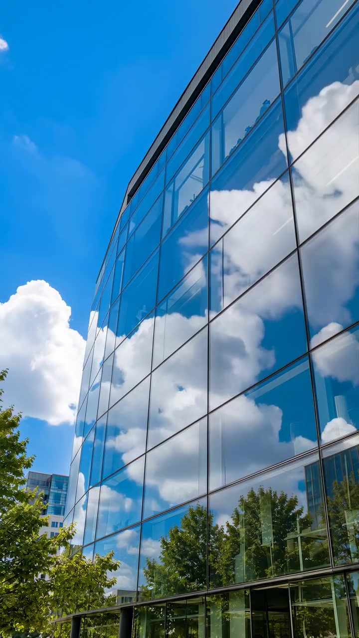 Vista oblíqua baixa da fachada cortina de um edifício de escritórios moderno com céu azul vívido e grandes nuvens cúmulos brancas espelhadas em painéis de vidro retangulares, mostrando reflexos sutis e mutáveis, com linhas limpas