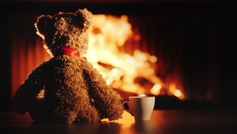 a bear cub with a cup of tea sits opposite the fireplace comfort and warmth in the house