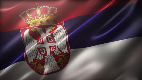la bandera de serbia, ángulo alto, vista en perspectiva, ondeando en el viento, con un aspecto y sensación cinematográfica, y una elegante textura sedosa