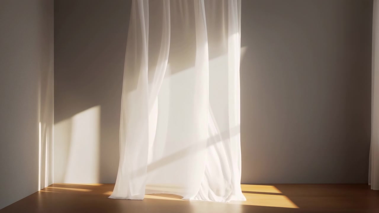 Sunlit Sheer Curtain Drifting Across Floor. Soft Morning Light Casts Geometric Shadows On Wooden Floor