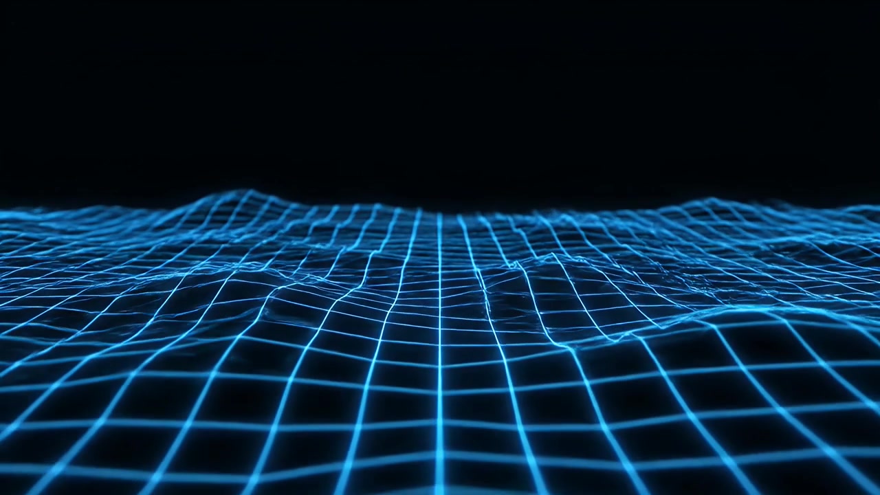 Abstract Blue Digital Grid Wave Motion on Black Background