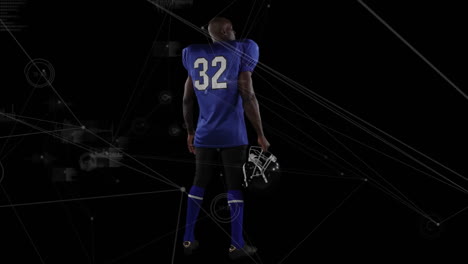 animation of network of connections over american football player on black background