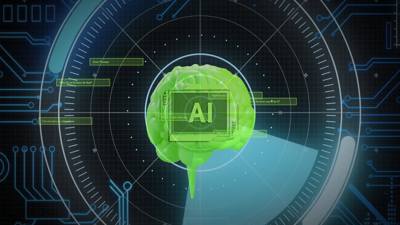 Animation of ai text, human brain and data processing over scope scanning