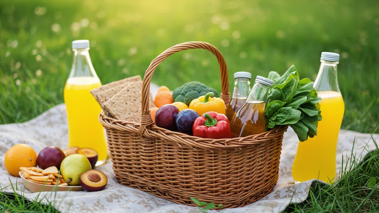 A Lush Picnic Basket Brimming with Fresh Produce and Refreshing Beverages Perfect for a Joyful Outdoor Feast Under the Warm Sunshine
