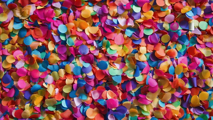 Multicolored confetti falling dynamically, creating vibrant celebration atmosphere with colorful paper pieces cascading in joyful, festive display against clean background