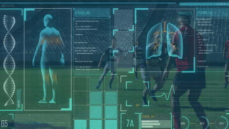 animation of digital interface with data processing over football players