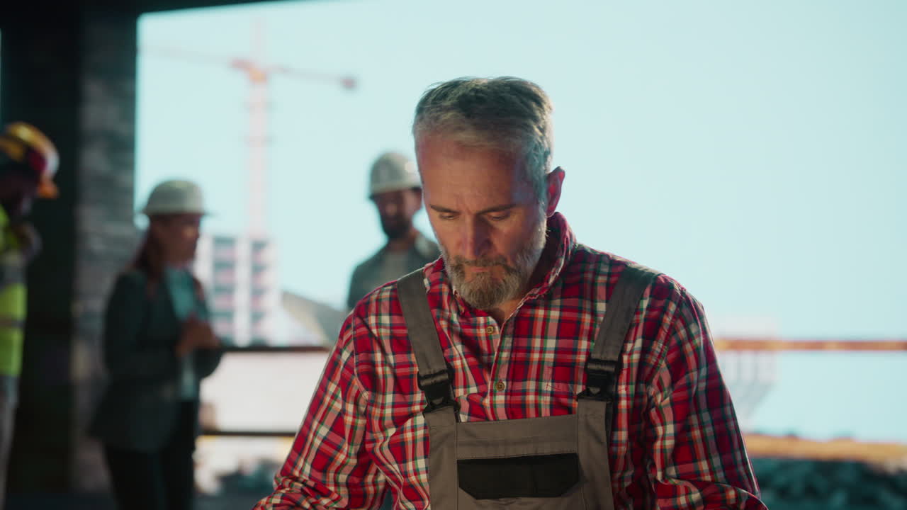Construction Engineer Reviews Blueprints and Plans at Building Site