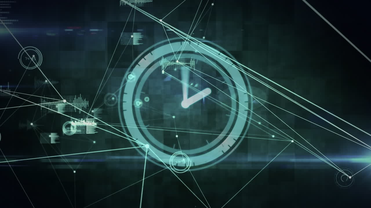 Animation of scope scanning with clock moving fast over network of connections