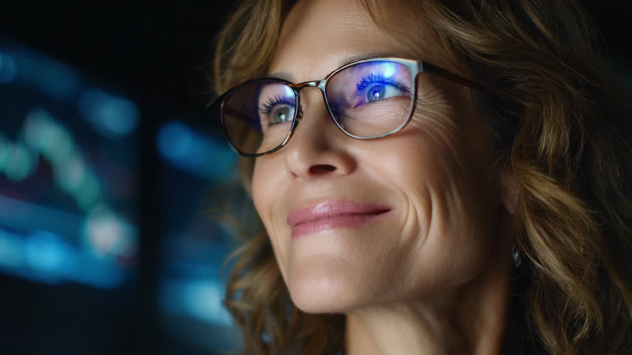 A confident professional woman engaged in analytics, showcasing determination and focus, with illuminated screens displaying financial data in the background, reflecting skill and expertise in business environments