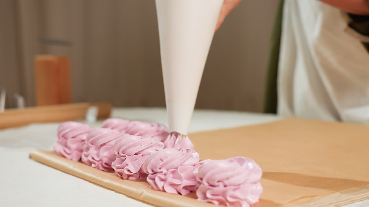Close up of cupcake preparation showing piping bag forming swirls of fluffy pink dough on brown baking paper in neat row during baking process inside cozy kitchen with soft lighting and rustic decor